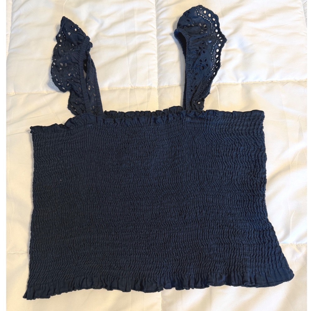 Natural Life Smocked Tank Women L/XL Navy Blue Excellent Eyelet Ruffle Strap